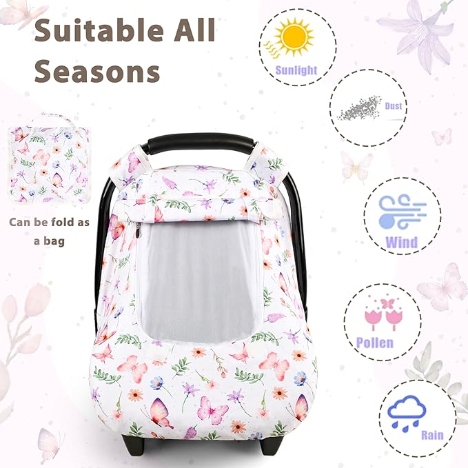 Pea Pod Car Seat Cover Baby, Infant Car Seat Canopy Covers with 2 Layers Windows of Breathable Mesh Fabric, Lightweight Polyester, Soft Minky Dot Backing (Butterfly Pattern)-BubblyBeeBaby