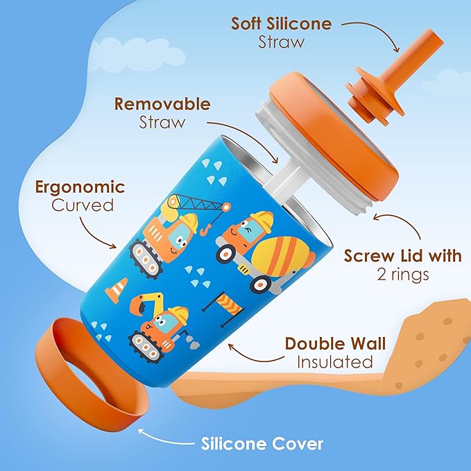 Kid Insulated Stainless Steel Tumbler with Silicone Straw, 12oz Sippy Cup for Kids (Construction Trucks)-BubblyBeeBaby