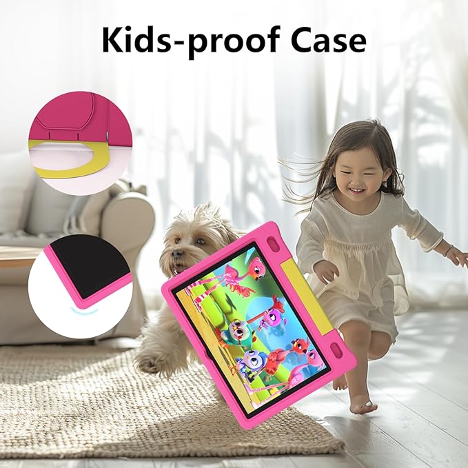 JREN Kids Table 10.1" ｜Android 14 Tablet for Kids｜64GB Storage｜Octa-Core｜WiFi ｜Cameras｜Parental Control｜Kids Content｜Case Included Great Gift for Children Ages 3-12 Years Old Pink-BubblyBeeBaby