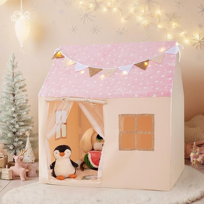 INFANS Kids Play Tent with Glow in The DarkWashable Mat Star Light Windows, Anti-Trip Large Playhouse Toys for Children Boys Girls, Indoor Outdoor Princess Tents Castle for Toddlers (Fluorescent Pink)-BubblyBeeBaby