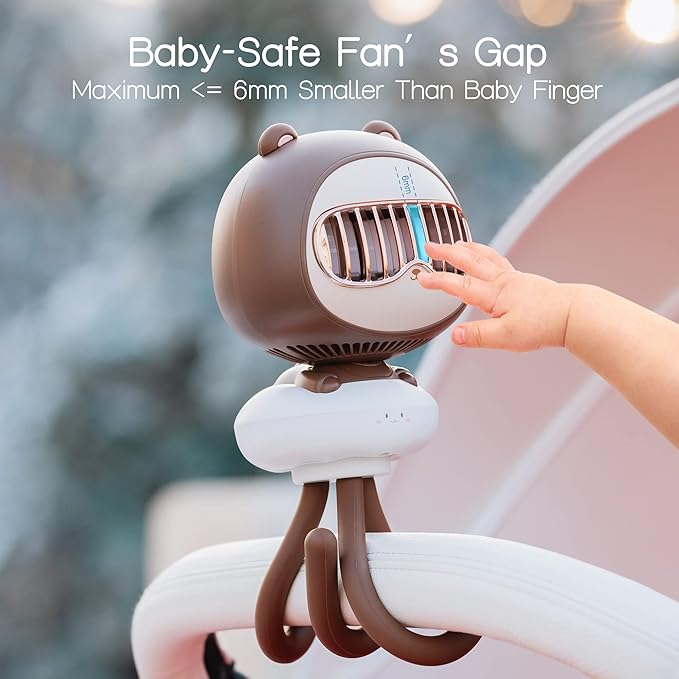 Cute Bear Stroller Fan Clip On for Baby, Portable Bladeless Fans 4 Speeds Oscillating, 4000mAh Rechargeable Battery Powered, Flexible Tripod Strong Cooling for Bedside Crib Car Seat-BubblyBeeBaby