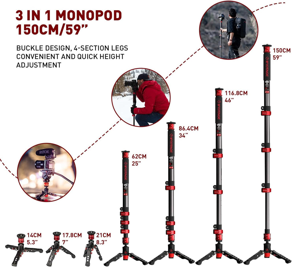 IFOOTAGE Monopod with Feet, 59’’ Lightweight Telescopic Carbon Fiber Camera Monopod,Tripod Stand,Metal Flip Locks for DSLR,Sony,Max.Load 22lbs,Cobra 2 C150 Ⅱ