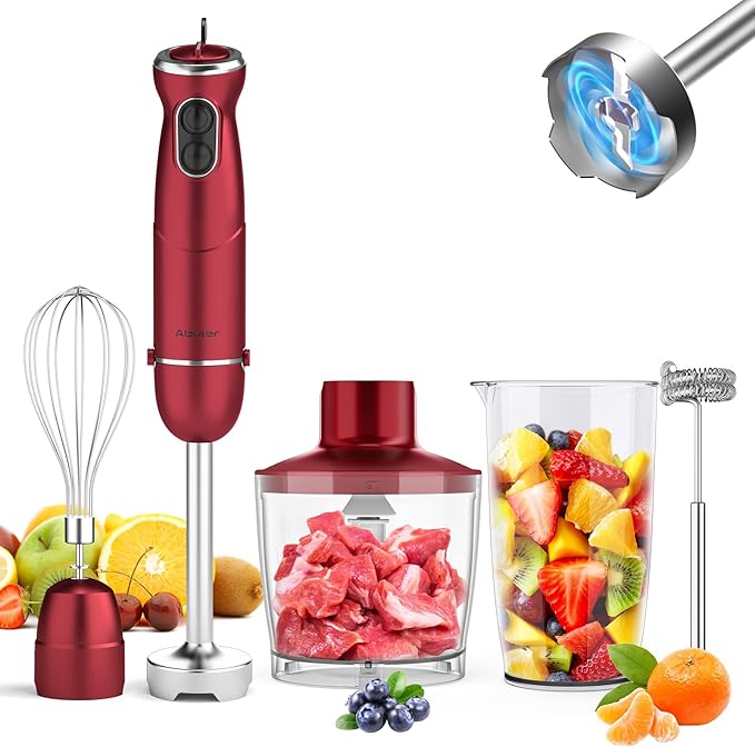 Immersion Blender 5 in 1 Hand Blender, Abuler 1000W Hand Mixer Stick,12 Speed Handheld Blender 304 Stainless Steel with 600ml Mixing Beaker, 500ml Chopper, Whisk and Milk Frother for Soup, Baby Food-BubblyBeeBaby