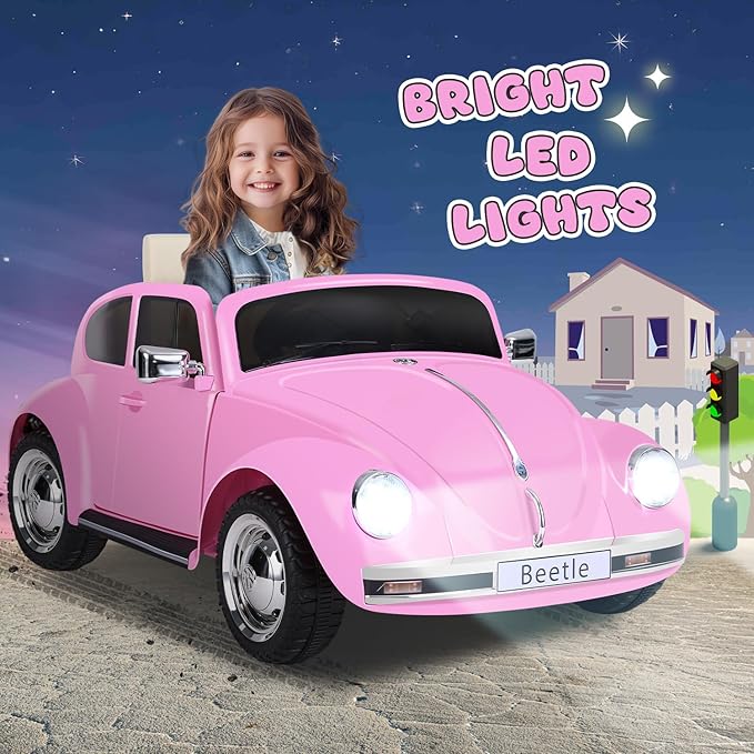 12V Kids Electric Car, Power Wheels with Remote Control, Ride on Car Toys with LED Light, 3 Speeds, Music, Pink-BubblyBeeBaby