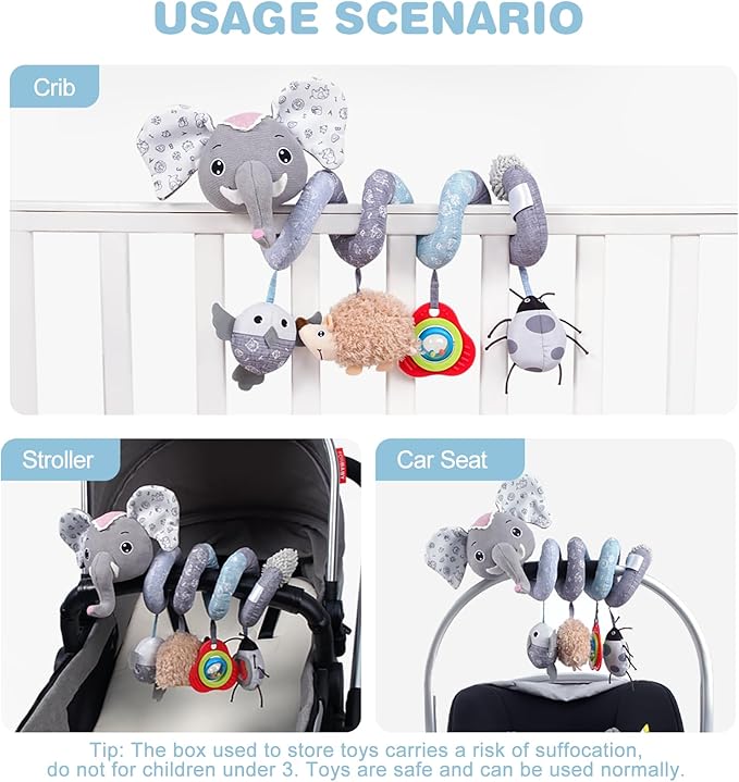 Jollybaby Baby Car Seat Stroller Toys, Plush Activity Hanging Spiral Activity Pram Crib with Music Box, Rattles, Squeaker for Babies Infant Boys Girls (SZ Gray Elephant)-BubblyBeeBaby