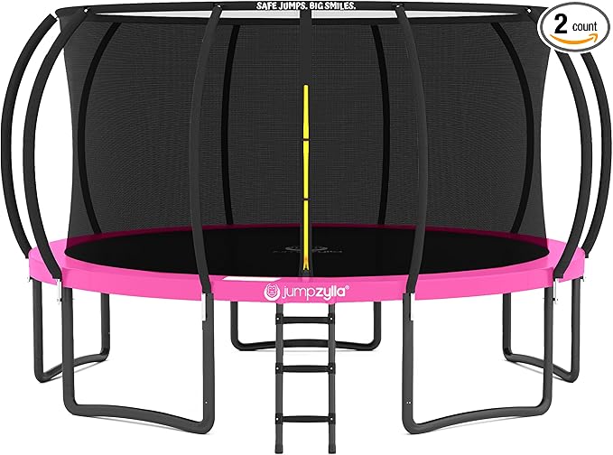 JUMPZYLLA Trampoline Outdoor 8FT 10FT 12FT 14FT 15FT 16FT with Enclosure and Ladder, ASTM Approved Recreational Trampoline for Kids and Adults, Anti-Rust Coated Frame-BubblyBeeBaby