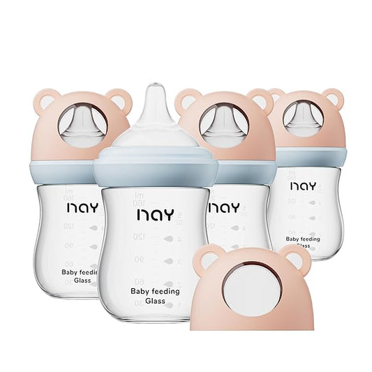 Natural Glass Baby Bottle for Breastfeeding Babies, 5.4oz Anti-Colic Baby Bottle with Natural Response Nipple(S), Clear, Wide Neck, 4 Pack, 1 Months+-BubblyBeeBaby