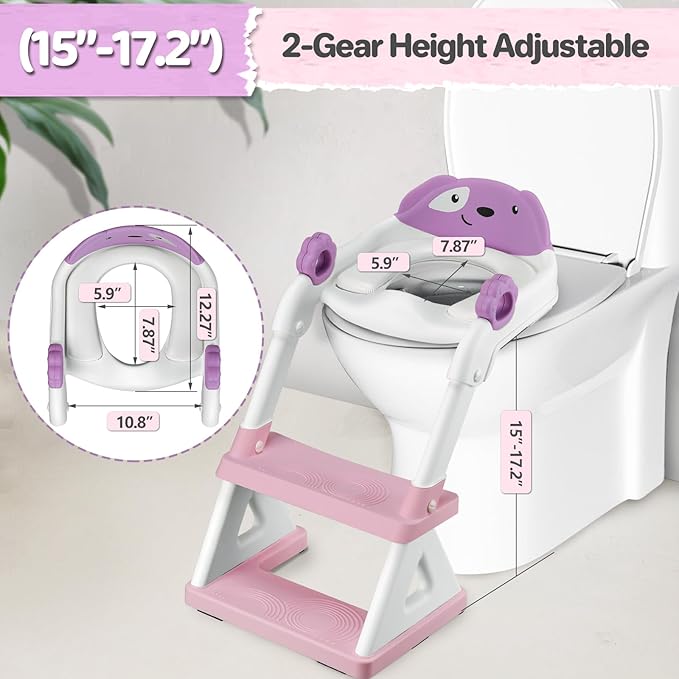 2 In 1 Potty Training Toilet Seat & Toddler Step Stool, Bottom Triangle Stability Toddler Toilet Seat, Adjustable Step & Seat Height Potty Seats for Toddlers Boys Girls (Purple)-BubblyBeeBaby