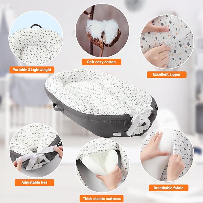 JOLLITO Baby Lounger for Baby Girls & Boys, Infant Lounger Cover, Newborn Essentials for Baby 0-12 Months, Baby Play Mat,100% Cotton Breathable, Portable Travel, Babies Essentials Gifts-BubblyBeeBaby