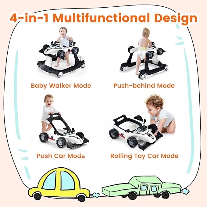 HONEY JOY 4-in-1 Baby Walker, Activity Push Walker w/3 Adjustable Heights, Smooth Wheels w/Adjustable Speed, Padded Seat, Music & Light, Foldable Car Walker for Baby Boys Girls Age 6 Months+ (White)-BubblyBeeBaby
