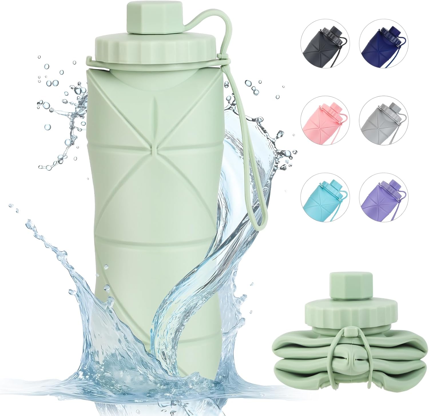 YCT Collapsible Silicone Travel Water Bottle 20oz (600ml), Reuseable Leakproof BPA Free Foldable Sports Bottle, with Carrying Strap, Green