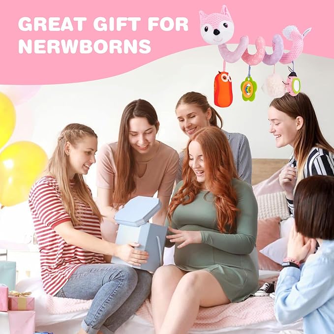 Jollybaby Baby Car Seat Stroller Toys, Plush Activity Hanging Spiral Activity Pram Crib with Music Box, Rattles, Squeaker for Babies Infant Boys Girls(Pink Fox)-BubblyBeeBaby