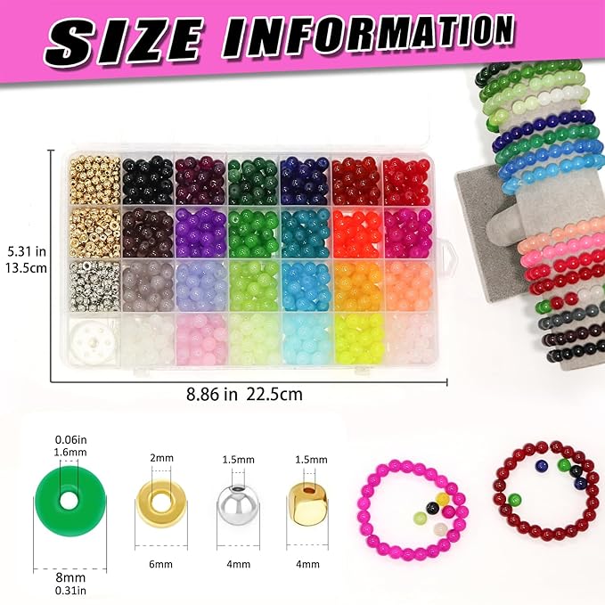 JULIMAIDONG 8mm Glass Beads for Bracelets 1000pcs, 24 Colors Round Crystal Glass Bracelet Beads Making Kit for Jewelry Making Kits Bead DIY Crafts with Spacer Charms Accessories (8MM, 24 Color)-BubblyBeeBaby