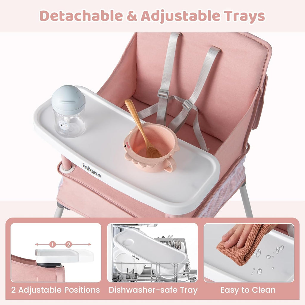 INFANS Baby High Chair, Foldable Portable Highchair for Babies and Toddlers with Travel Bag Adjustable Tray, 5 Point Harness, Compact Space Saver Infant Feeding Chair for Age 6-36 Months (Pink)