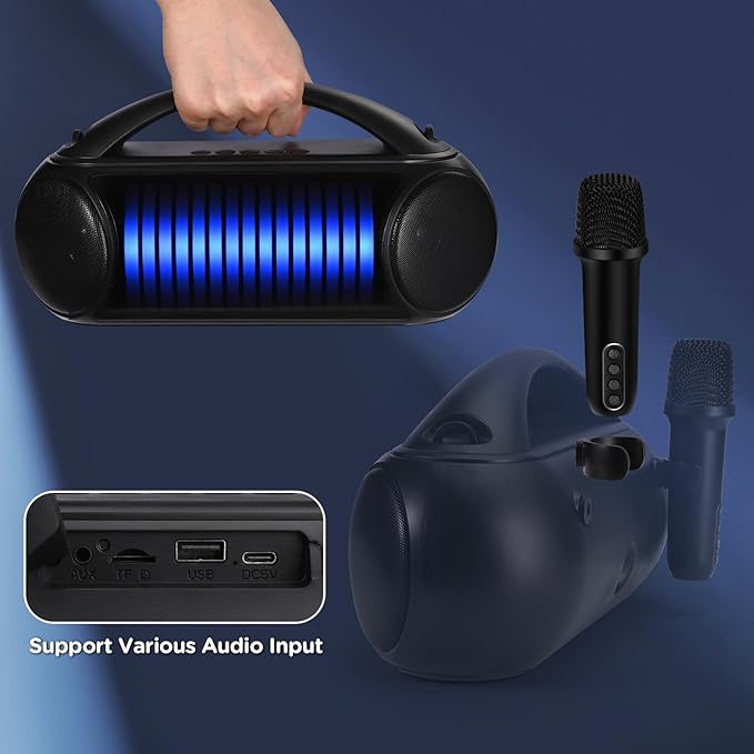 Karaoke Machine Portable Bluetooth Speaker with 2 Wireless Microphones Rechargeable Karaoke Machine for Kid and Adult Party PA Speaker Multiple LED Light Mode Support TWS/Radio/AUX/REC-BubblyBeeBaby