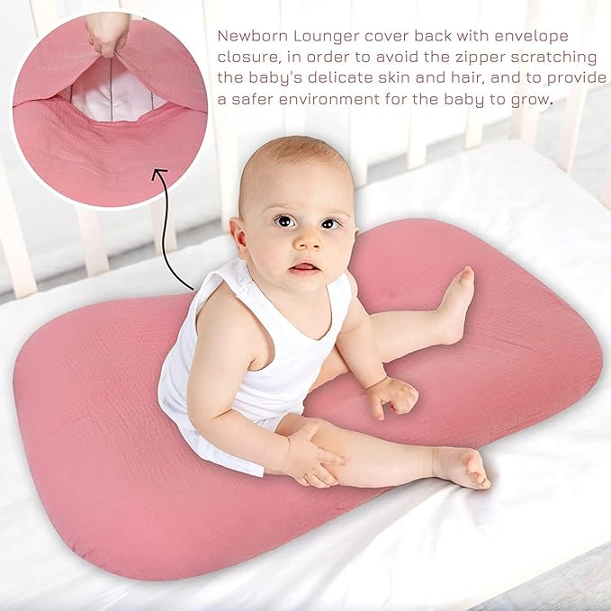 Hooyax Muslin Baby Lounger Cover Soft Organic Cotton Slipcover Fits Newborn Lounger for Baby Boys and Girls (Flesh Pink)-BubblyBeeBaby