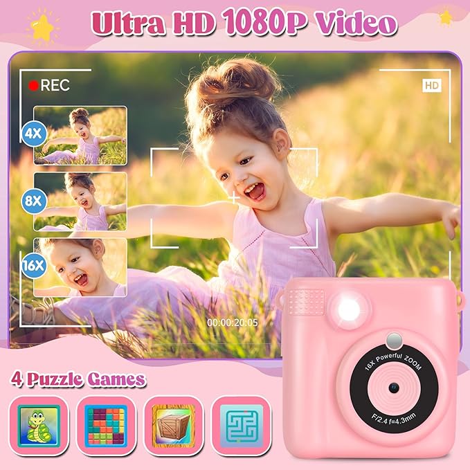 Instant Print Camera for Kids - 2.4 Inch Kids Camera Instant Print with Paper & 32G Card- Digital Children Toys as Christams Birthday Gifts for Girls Boys Age 3-12 - Pink-BubblyBeeBaby