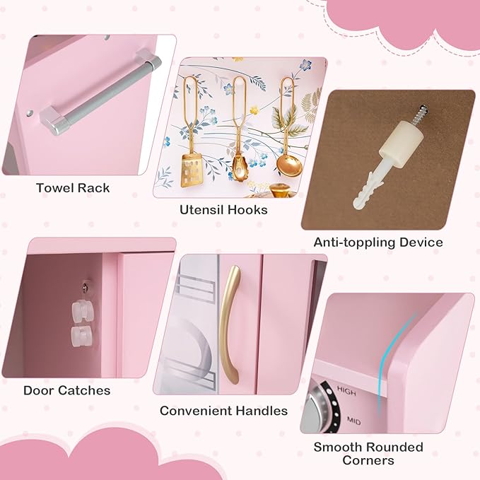 HONEY JOY Kids Kitchen Playset, Wooden Little Chef Pretend Toy Kitchen Set w/Chalkboard, Telephone, Utensils, Oven, Microwave, Sink, Storage, Play Kitchen for Toddlers Boys Girls, Pink Flower-BubblyBeeBaby