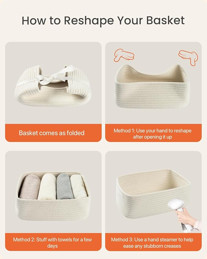 KALLAX Small Woven Basket, 12 x 8 x 4.5 Inches, Storage Basket for Organizing, Cute Small Rope Shelf Closet Cube Storage Bins Baskets for Shelves, Dog Toy Gift Baskets Empty, 3 Packs, Off White-BubblyBeeBaby