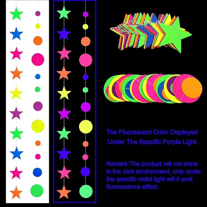 108feet UV Round Dot Star Kit Neon Paper Garland Glow in The Dark Party Favors Streamers Banner for Black Party Supplies UV Reactive Circle Dot Star Garland Wedding Birthday Glow Party Supplies…-BubblyBeeBaby