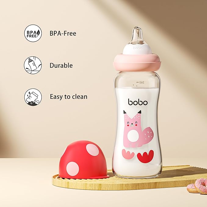 YOHKOH Natural Glass Baby Bottle with Natural Response Nipple, Newborn Anti-Colic Baby Bottles, Wide Neck Mushroom Cap Baby Bottle, Clear (8.8ounce (Pack of 4), Red2)-BubblyBeeBaby