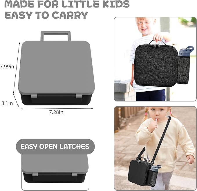 Kids Bento Lunch Box with 8oz Soup Thermo, Water Bottle, Kids Leakproof Lunch Food Containers with 4 Compartment, Insulated Hot Food Jar with Lunch Bag for School, Trvael (Black)-BubblyBeeBaby