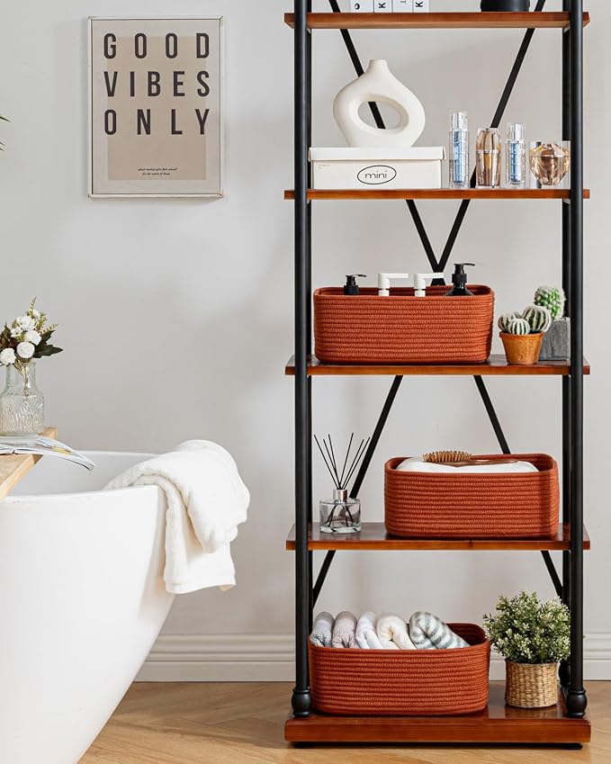 KALLAX Small Woven Basket, 13.5 x 9.5 x 5 Inches, Storage Basket for Organizing, Cute Small Rope Shelf Closet Cube Storage Bins Baskets for Shelves, Dog Toy Gift Baskets Empty, 3 Pack Rust Red-BubblyBeeBaby