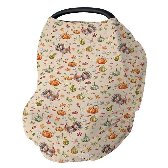 Thanksgiving Turkey Pumpkins Car Seat Covers Vintage Autumn Leaves Stretchy 5-in-1 Cover Adjustable Infant Carseat Cover Canopy Fall Harvest Breathable Nursing Cover-Up-BubblyBeeBaby