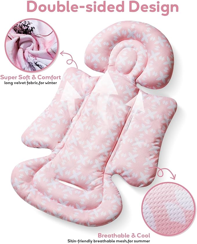 Infant Car Seat Insert, Enlarged Head Support for Baby Carseat, Reversible Newborn Insert with 3 Strap Covers, 2-in-1 Baby Car Seat Cushion for Stroller, Swing, Bouncer, Rocker - Pink Floral-BubblyBeeBaby