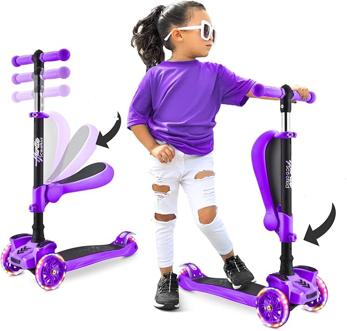 Hurtle 3-Wheeled Scooter for Kids - Wheel LED Lights, Adjustable Lean-to-Steer Handlebar, and Foldable Seat - Sit or Stand Ride with Brake for Boys and Girls Ages 1-14 Years Old-BubblyBeeBaby