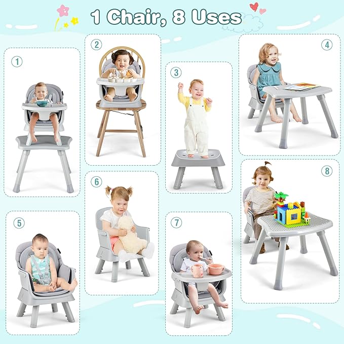 HONEY JOY 8 in 1 Baby High Chair, Convertible Highchair for Babies and Toddlers/Table and Chair Set/Building Block Table/Booster Seat/Stool/Toddler Chair with Safety Harness (Gray)-BubblyBeeBaby
