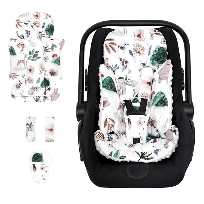 Infant Car Seat Insert and Strap Covers, Very Soft Car Seat Head Support Baby Girl Boy, Reversible Newborn Carseat Insert Cushion Fits for Stroller, Baby Swing, Bouncer (White Animals)-BubblyBeeBaby