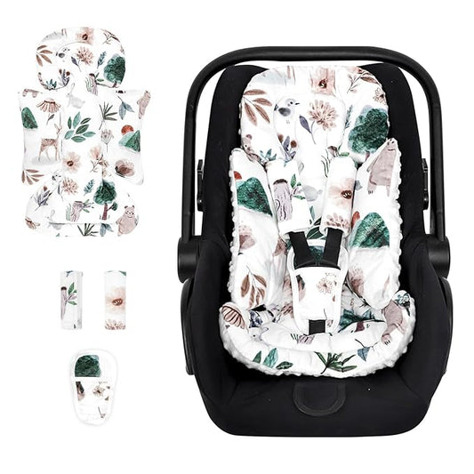 Infant Car Seat Insert and Strap Covers, Very Soft Car Seat Head Support Baby Girl Boy, Reversible Newborn Carseat Insert Cushion Fits for Stroller, Baby Swing, Bouncer (White Animals)-BubblyBeeBaby