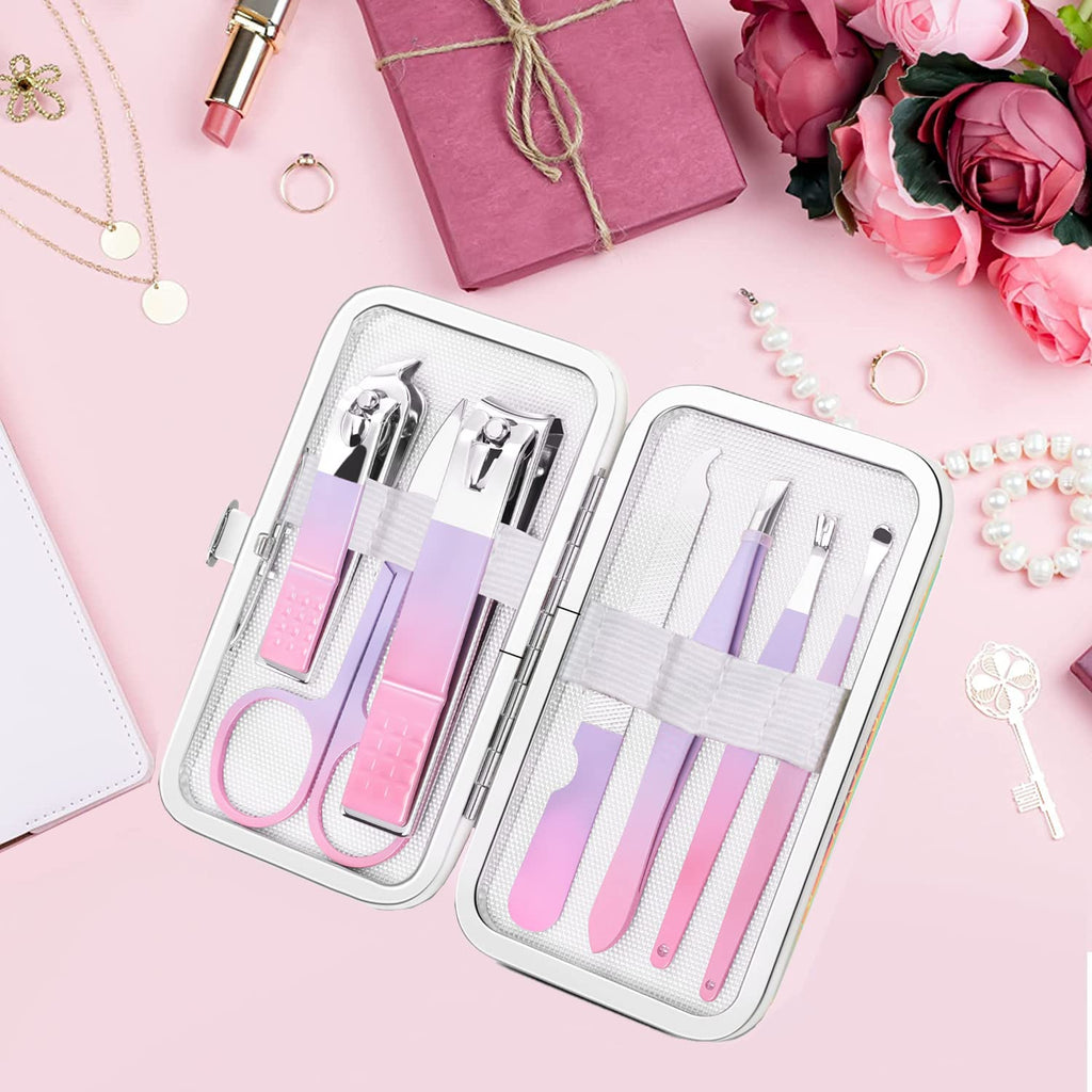 Aceoce Manicure Set Women Nail Clippers Professional Manicure Pedicure Kit Stainless Steel Nail Cutters Grooming Kit Personal Care Tools with Travel Case Gift for Women Gradual Purple