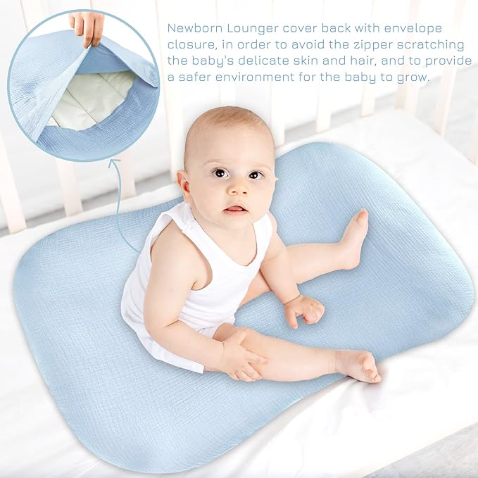 Hooyax Muslin Baby Lounger Cover Soft Organic Cotton Slipcover Fits Newborn Lounger for Baby Boys and Girls (Ice-Snow Blue)-BubblyBeeBaby