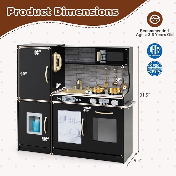 HONEY JOY Kids Kitchen Playset, Wooden Little Chef Pretend Toy Kitchen Set w/Chalkboard, Telephone, Utensils, Oven, Microwave, Sink, Storage, Play Kitchen for Toddlers Boys Girls, Black-BubblyBeeBaby