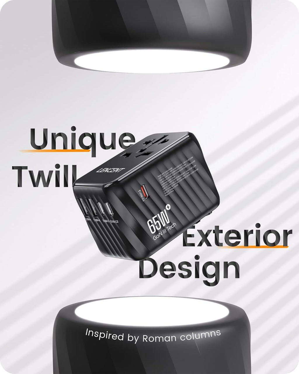 LENCENT International Travel Adapter, 65W GaN3 Universal Fast Charger with 2 USB A + 3 Type C PD, Worldwide Power Adaptor for Phones,Laptops, All in One Travel Essentials for EU/USA/UK/AU, Black