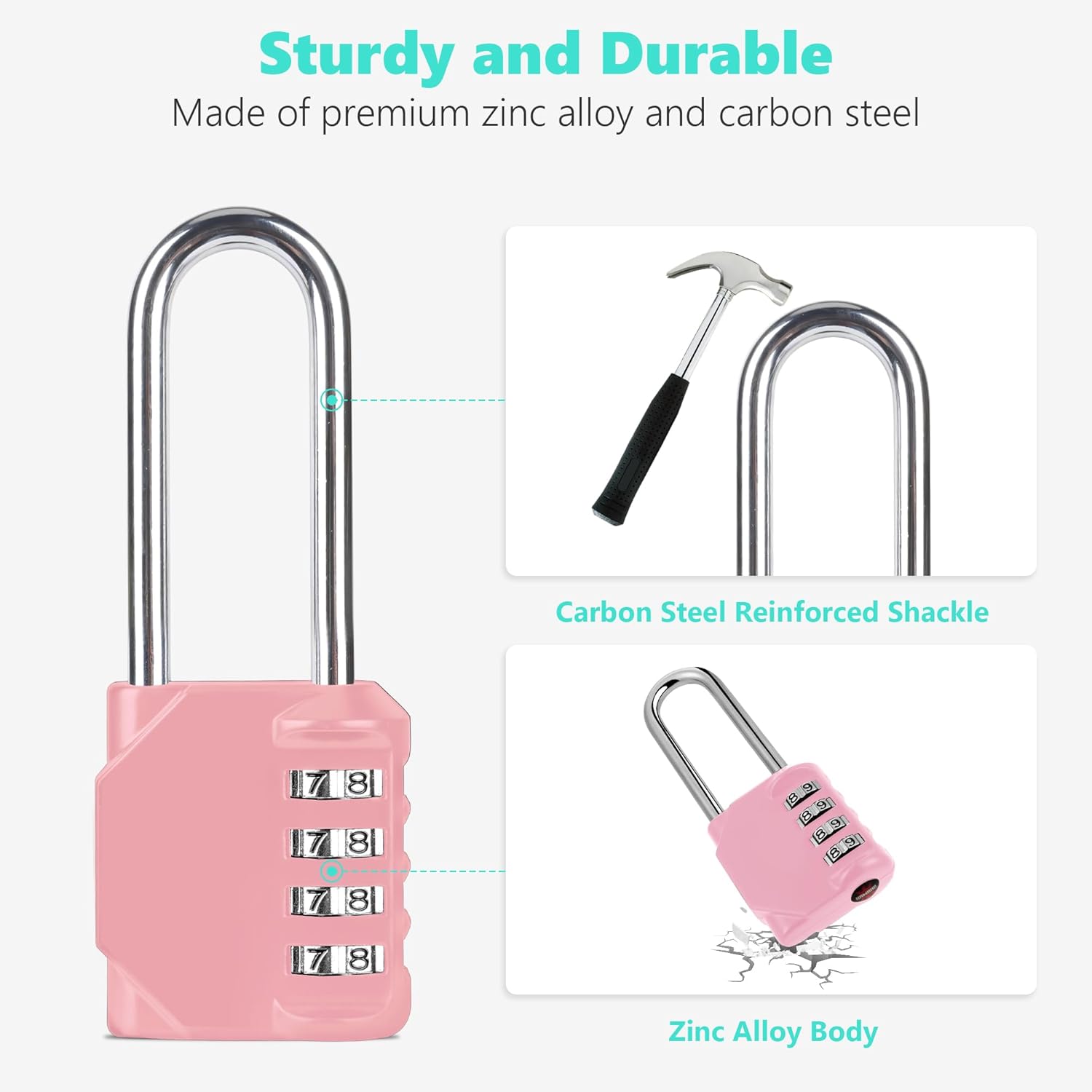 CL21RQ 2.6 Inch Long Shackle Combination Lock, 4 Digit Combination Padlock Set Your own Combination for Gym Locker Lock, School, Gates, Doors, Toolbox, Hasps and Storage (Rose Quartz (L) *1)