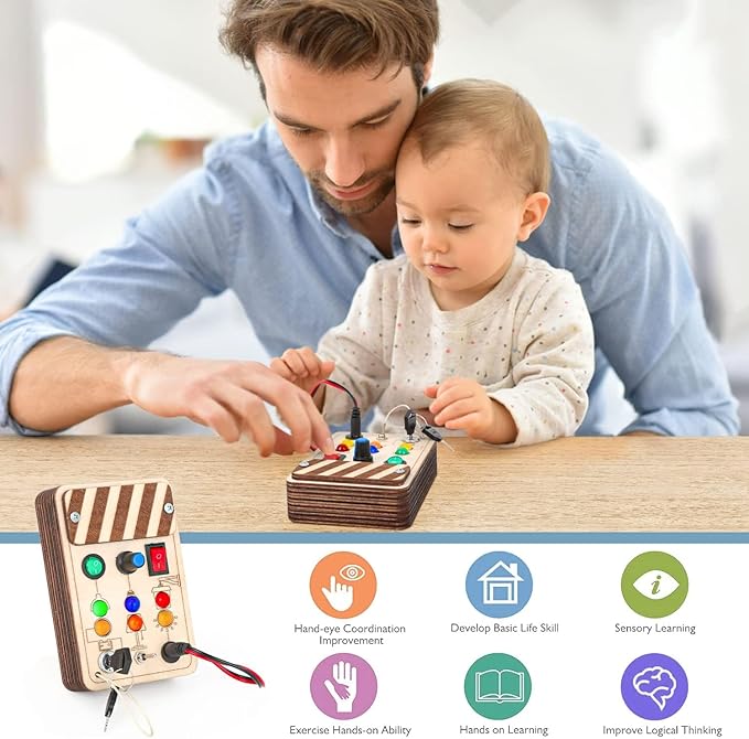 Joyreal Wooden Montessori Busy Board, Toddler Sensory Toys, LED Light Switch, Travel Toys for 2+ Year Old Boy-BubblyBeeBaby