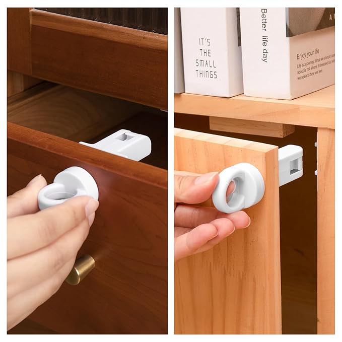Inaya Magnetic Cabinet Locks for Baby Proofing, 6 Locks & 1 Key, Child Proof Magnet Locks for Cabinets & Drawers with Invisible Design, 3M Adhesive for Easy Installation - No Drill & Tools Needed-BubblyBeeBaby