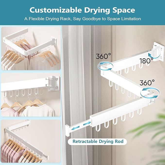 JAUREE Clothes Drying Rack Wall Mounted, Laundry Drying Rack Collapsible, Space Saving Wall Drying Rack Clothing Foldable, Tri-Fold Retractable Rack Outdoor Indoor with 18 Hooks, White-BubblyBeeBaby