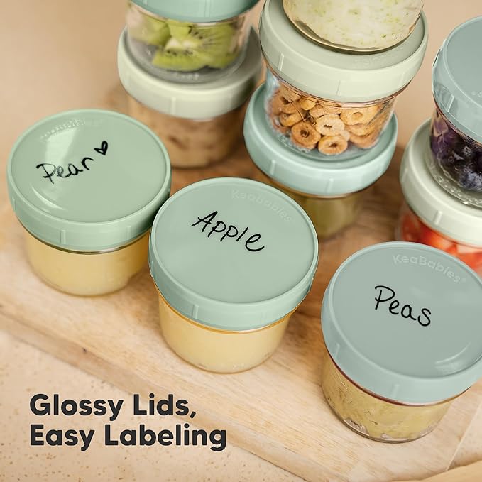KeaBabies 12pk 4oz Glass Baby Food Containers with Lids - Leak-Proof, Microwavable Small Glass Jars, Baby Purees & Toddler Snack Storage Containers, BPA-Free, Dishwasher & Freezer Safe (Sage)-BubblyBeeBaby