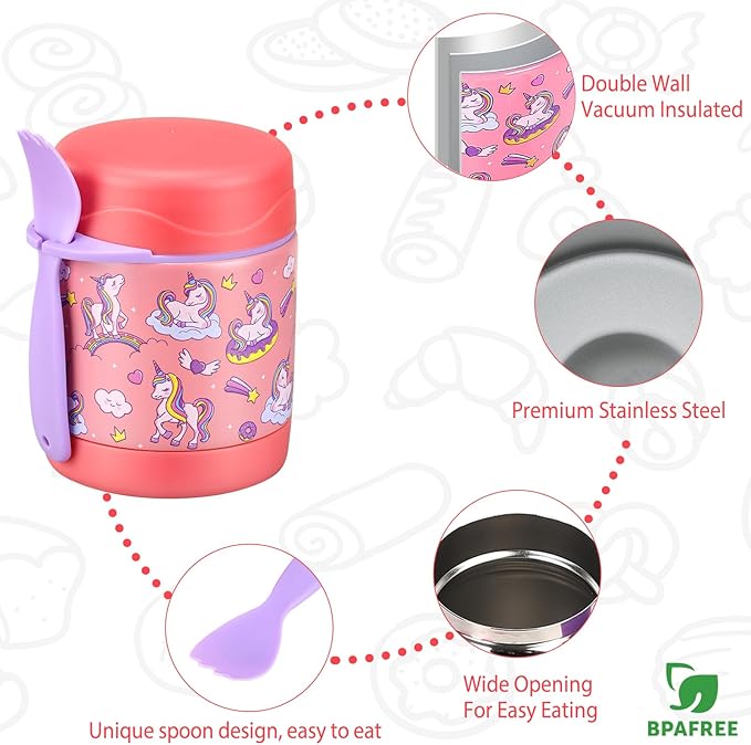 10oz Soup Thermo for Hot Food Kids,Lunch Thermo Kids Food Jar with Spoon Hot Insulated Food Containers,Leak Proof Stainless Steel Wide Mouth Lunch Food Thermo Jar for School(Pink-Unique Horse)-BubblyBeeBaby