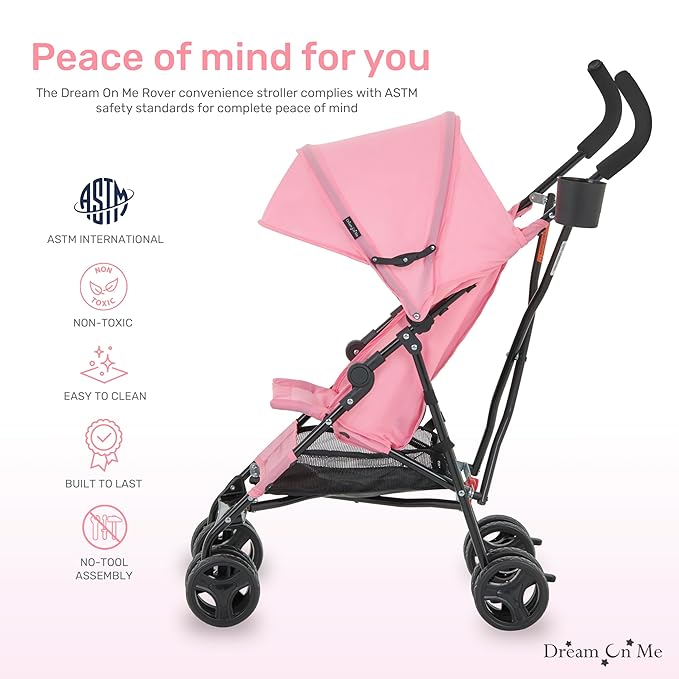 Dream On Me Rover Convenience Baby Stroller in Pink, Lightweight & Compact Umbrella Stroller, Easy one-Hand fold Travel Stroller, Lockable Rear Wheels, Removable & Adjustable Canopy-BubblyBeeBaby