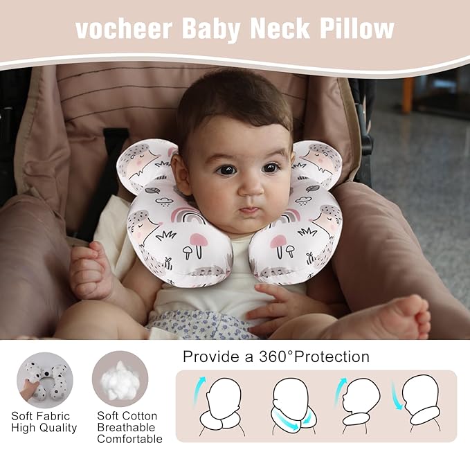 vocheer Baby Travel Pillow(Upgraded), Head and Neck Support Pillow for Pushchair, Car Seat,Stroller, Bouncer, Cotton, Hedgehog-BubblyBeeBaby