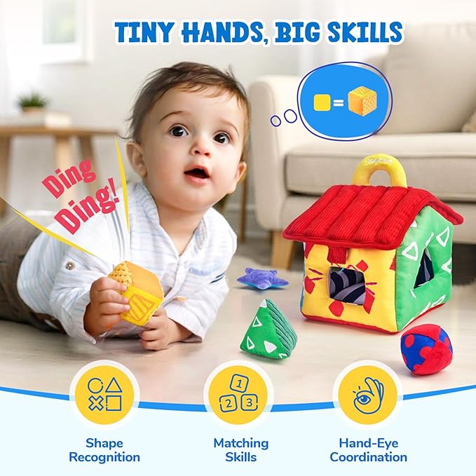 JoyCat Infant Toys 6-12 Months, Soft Sensory Toy with 4 Fabric Shapes, Baby Learning Shape Sorter for 3 4 5 6 7 8 9 10 11 12-18 Months, Baby Shower Birthday Gift Boy Girl-BubblyBeeBaby