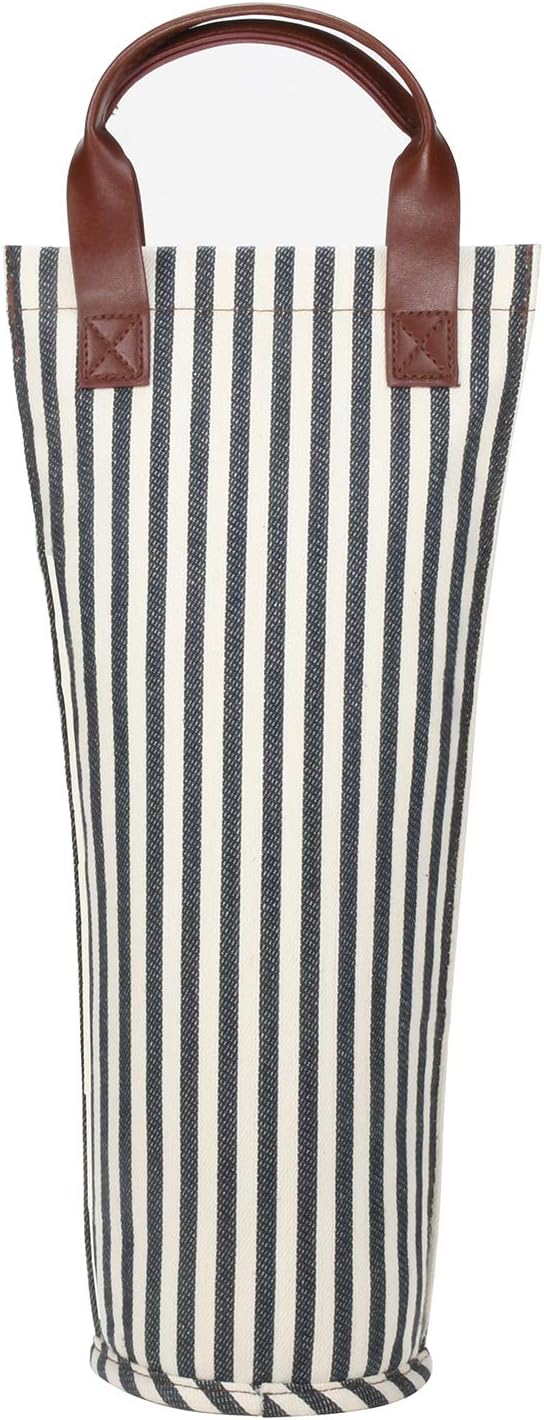 Tirrinia Single Wine Gift Tote Bag, Insulated Padded Thermal Wine Bottle Carrying Cooler Carrier for Travel, Picnic, Great Gift for Wine Lover, Blue Stripe