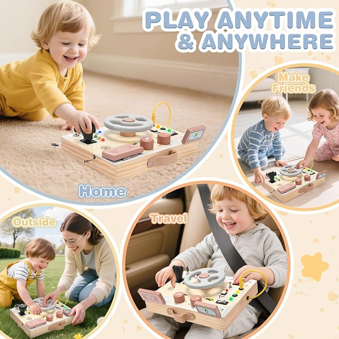 Joyreal Montessori Toddler Busy Board - Montessori Toys for 1 2 3 Years Old, Wooden Sensory Board with LED Lights, Steering Wheel, Music Player, Travel Toys for 1+ Year Old Boy & Girl Birthday Gift-BubblyBeeBaby
