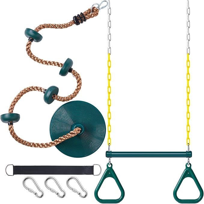 Hungdao 2 Set Gym Ring Trapeze Swing Bar and Climbing Rope with Platforms Disc Heavy Duty Coated Chains Seat Accessories for Outdoor Indoor Playground Backyard(Green)-BubblyBeeBaby