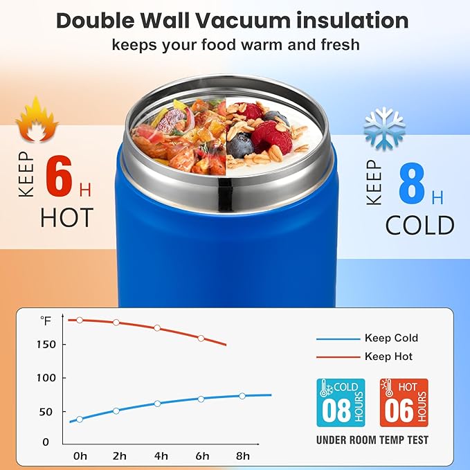 17oz Soup Thermo for Hot Food Kids,Insulated Food Jar with Spoon,Thermo Hot Food Lunch Container,Wide Mouth Leakproof Stainless Steel Lunch Box for School(Blue)-BubblyBeeBaby